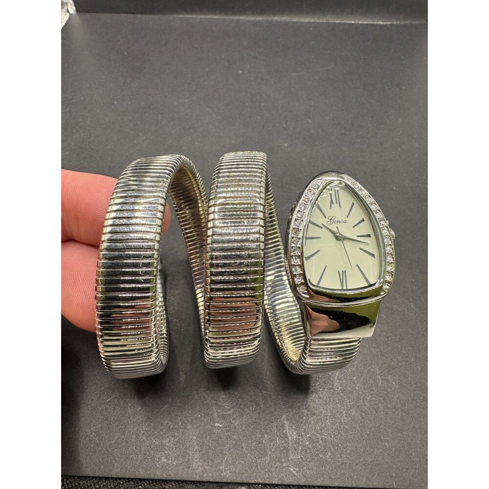Vtg Genoa Silver Tone Watch Snake Coil Wrap Around Band Rhinestone Bezel NEW